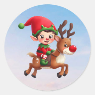 A cute Christmas Elf getting a ride on Rudolph Classic Round Sticker