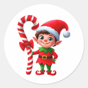 A cute Christmas Elf holding a candy cane Classic Round Sticker