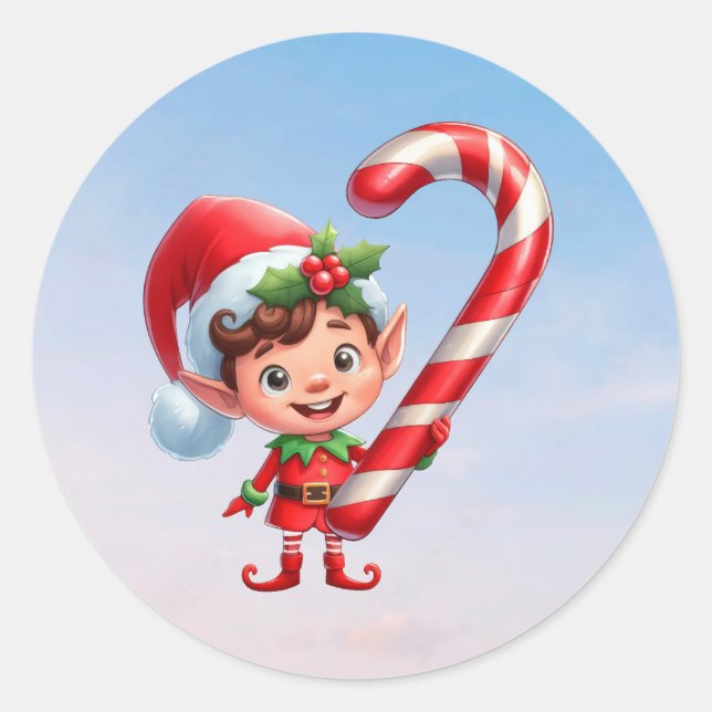 A cute Christmas Elf holding a giant candy cane Classic Round Sticker (Front)