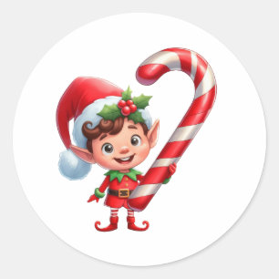 A cute Christmas Elf holding a giant candy cane Classic Round Sticker