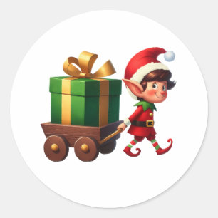 A cute Christmas Elf pulling a wagon with a gift Classic Round Sticker
