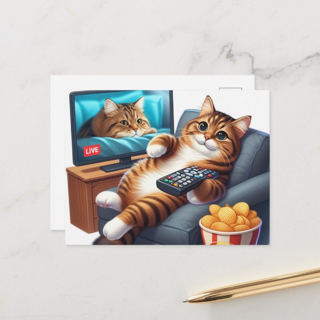 A Cute Couch Potato Cat Watches Television Postcard (Front/Back In Situ)