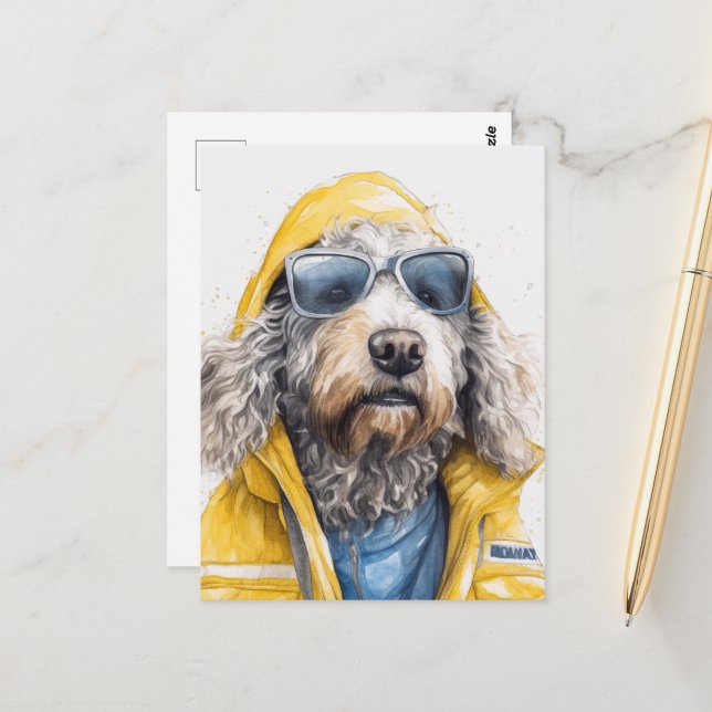 A Cute Doodle Dog in a Yellow Raincoat Postcard (Front/Back In Situ)