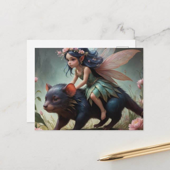 A cute fairy rides a Tasmanian Devil fantasy art Postcard (Front/Back In Situ)