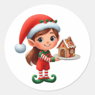 A cute female Elf holding a gingerbread house Classic Round Sticker