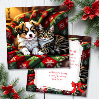 A Cute Festive Dog and Cat Personalized Christmas Holiday Card