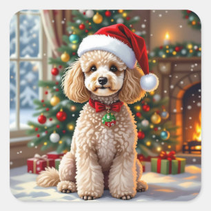 A Cute Festive Poodle Christmas Square Sticker