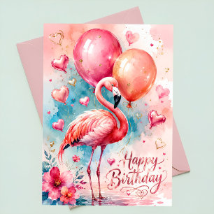 A Cute flamingo with ballons heart birthday Card