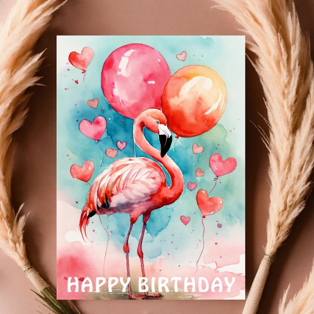 A Cute flamingo with ballons heart birthday  Card (Creator Uploaded)