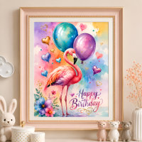 A Cute flamingo with ballons heart birthday