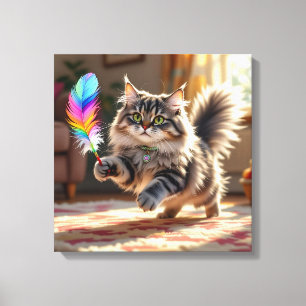 A Cute Fluffy Cat Chasing a Feather Canvas Print