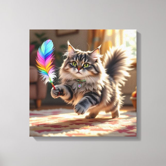 A Cute Fluffy Cat Chasing a Feather Canvas Print (Front)