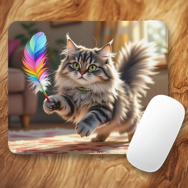 A Cute Fluffy Cat Chasing a Feather Mouse Pad (Creator Uploaded)