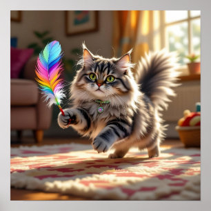 A Cute Fluffy Cat Chasing a Feather Poster
