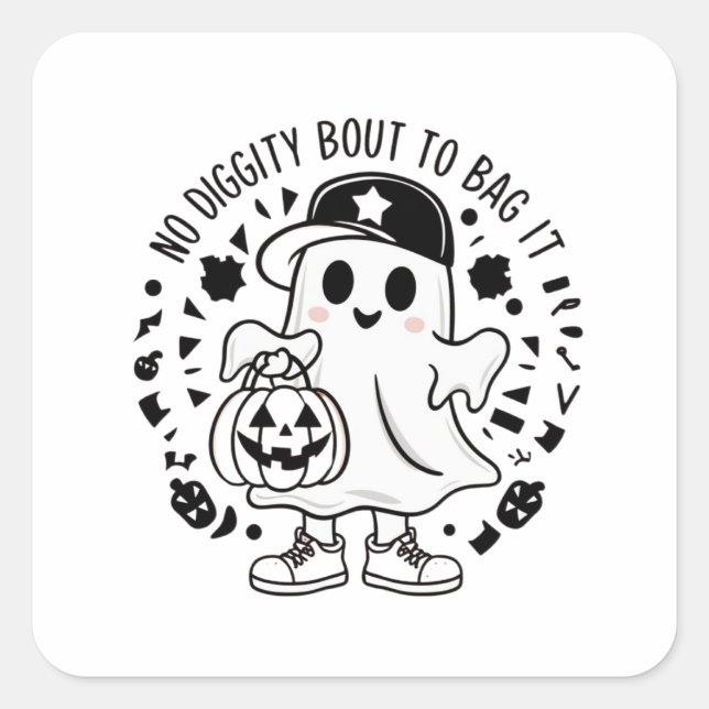 A cute ghost holding a pumpkin candy bag square sticker (Front)
