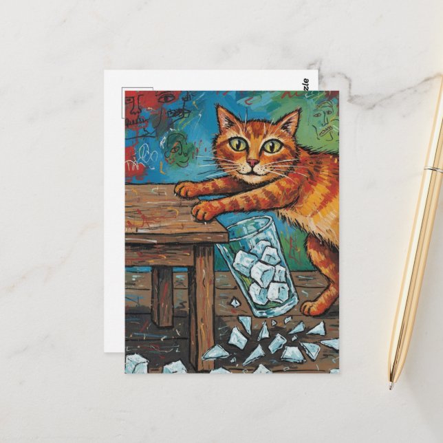 A cute ginger cat knocks over a glass of ice postcard (Front/Back In Situ)