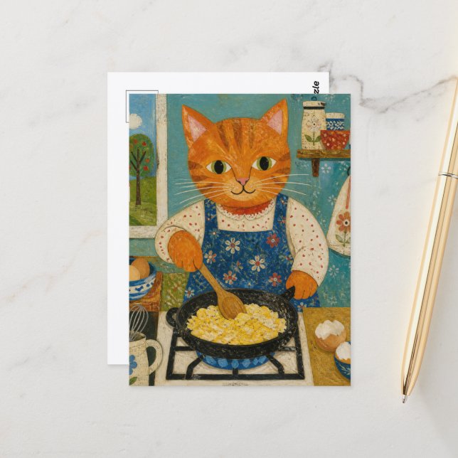 A Cute Ginger Cat Making Scrambled Eggs Postcard (Front/Back In Situ)