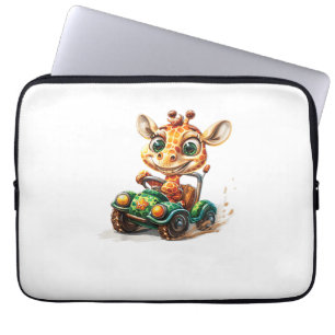 A Cute Giraffe Driving A Car On Road, With A Happy Laptop Sleeve