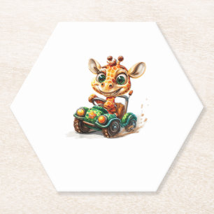 A Cute Giraffe Driving A Car On Road, With A Happy Paper Coaster