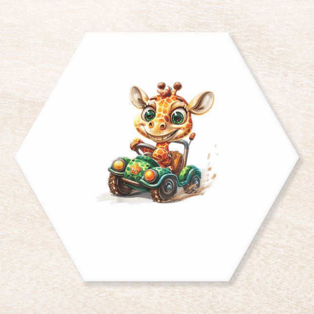 A Cute Giraffe Driving A Car On Road, With A Happy Paper Coaster (Front)