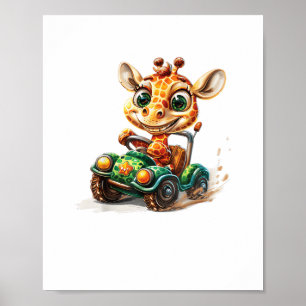 A Cute Giraffe Driving A Car On Road, With A Happy Poster