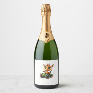 A Cute Giraffe Driving A Car On Road, With A Happy Sparkling Wine Label