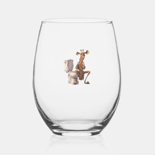 A Cute Giraffe In Pyjamas Sitting On A Toilet Stemless Wine Glass
