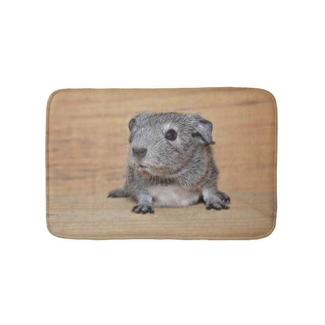 A Cute Grey Guinea Pig on Brown Wood Bath Mat (Front)