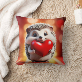 A cute hedgehog holding a heart cushion