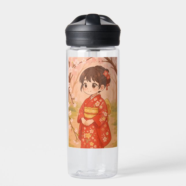 A cute Japanese girl in a cherry blossom garden  Water Bottle (Front)