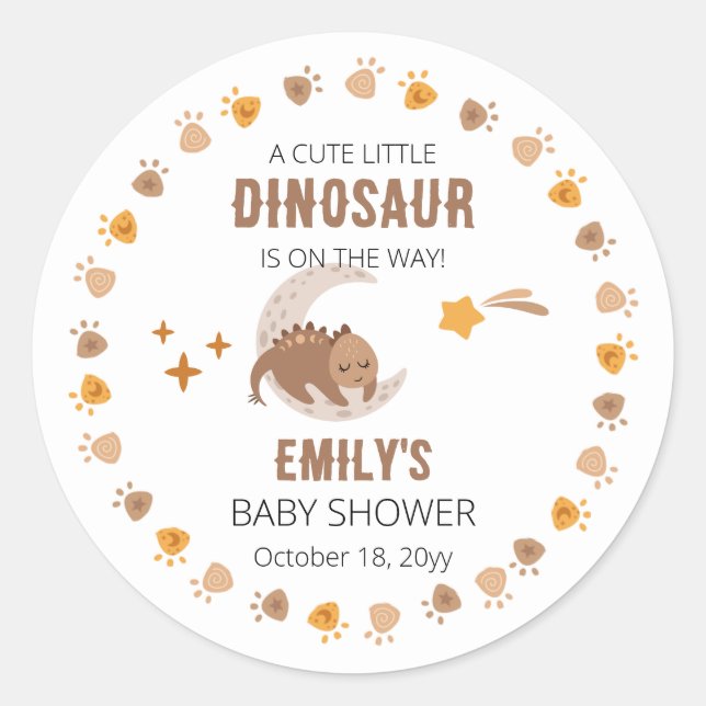 A Cute Little Dinosaur Is On The Way Baby Shower  Classic Round Sticker (Front)