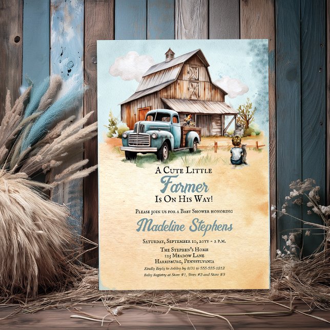 A Cute Little Farmer Barn | Truck Boy Baby Shower Acrylic Invitations (A Cute Little Farmer Barn and Truck Boy Baby Shower Acrylic Invitations)