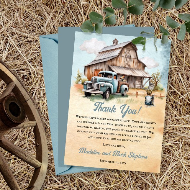 A Cute Little Farmer Is On His Way Baby Shower Thank You Card ("A Cute Little Farm Boy Is On His Way!" Rustic Barn and Vintage Truck Boy Baby Shower Thank You Card)