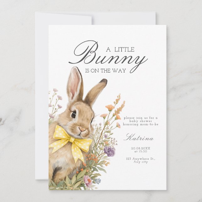 A cute little Floral Bunny Yellow Bow Baby Shower  Invitation (Front)