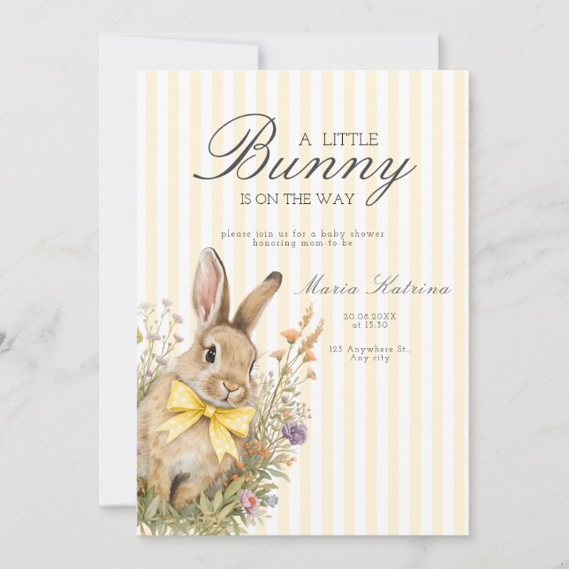 A cute little Floral Bunny Yellow Bow Baby Shower  Invitation (Front)