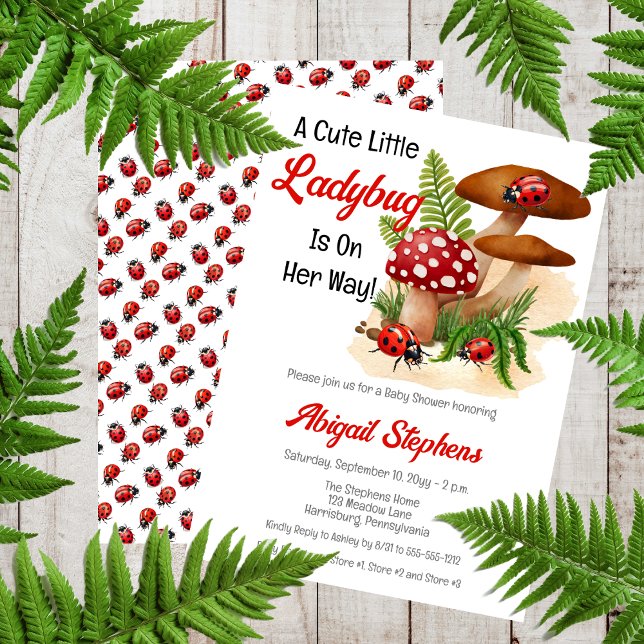 A Cute Little Ladybug Is On Her Way Baby Shower Invitation ("A Cute Little Ladybug Is On Her Way!" Sweet Girl Ladybugs and Mushrooms Baby Shower Invitation)
