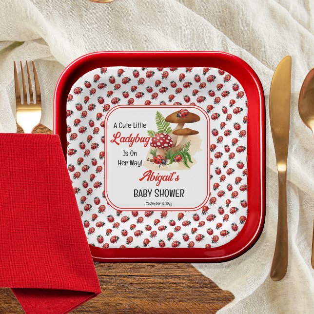 A Cute Little Ladybug Is On Her Way Baby Shower Paper Plate ("A Cute Little Ladybug Is On the Way!" Girl Baby Shower Paper Plates)