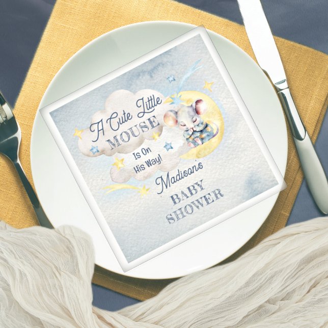 A Cute Little Mouse Is On His Way Boy Baby Shower Napkin (Creator Uploaded)