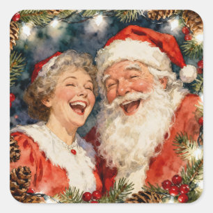 A Cute Mr and Mrs Claus Vintage Christmas Square Sticker