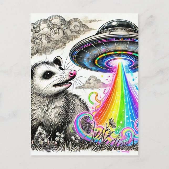 A cute opossum and a UFO Postcard (Front)