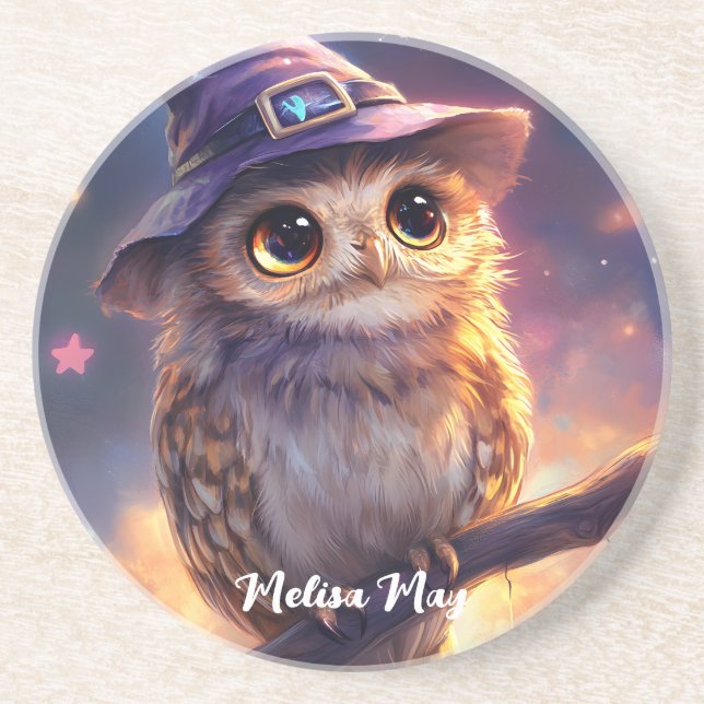 A Cute Owl Wearing a Witch Hat  Coaster (Front)