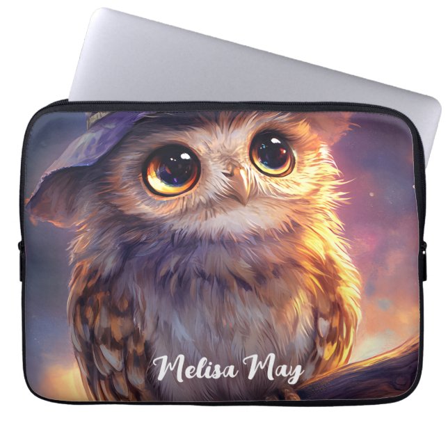 A Cute Owl Wearing a Witch Hat  Laptop Sleeve (Front)