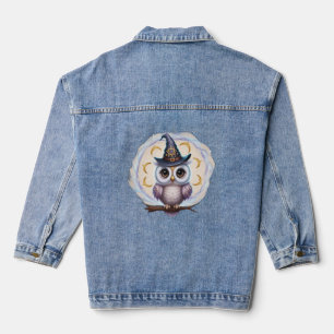 A cute owl wearing a wizard hat, with glowing magi denim jacket