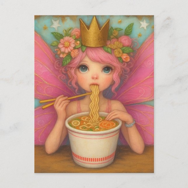 A Cute Pink Fairy Eating Ramen Postcard (Front)