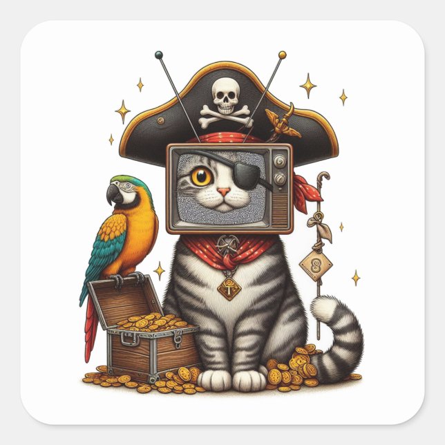 A cute Pirate Cat with TV on head Square Sticker (Front)
