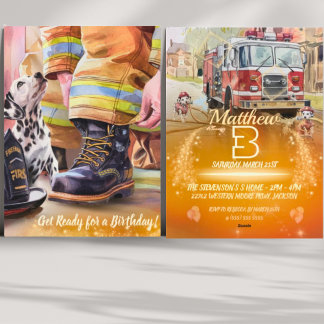 A Cute Puppy Firefighter Theme Birthday Invitation