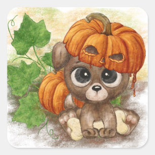 A cute puppy in a pumpkin hat square sticker