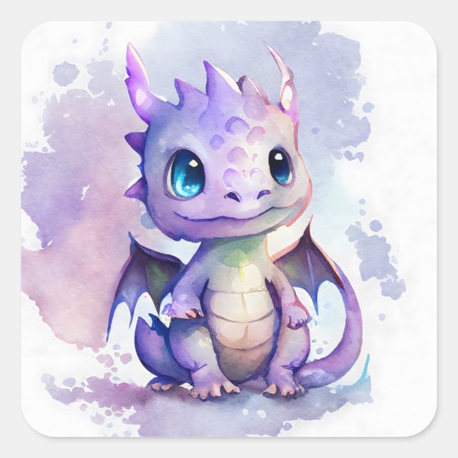 A cute purple baby dragon in watercolor art style square sticker (Front)