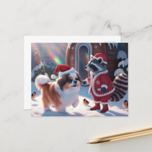 A Cute Racoon and Very Cute Dog Festive Christmas Postcard