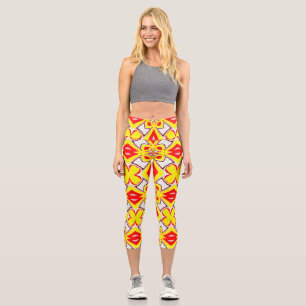 A cute red yellow white trendy fabric pattern capri leggings